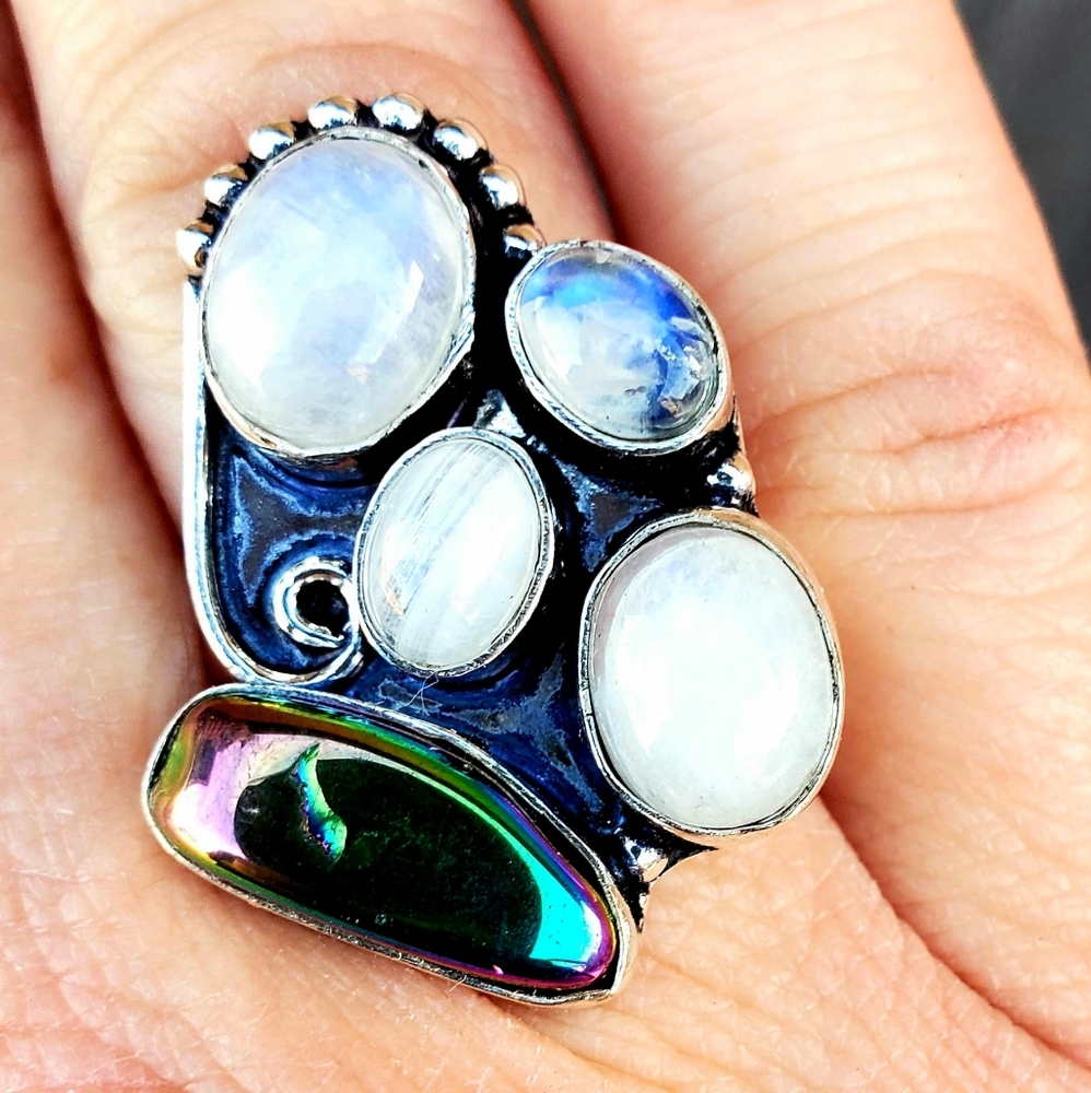 New Rainbow Moonstone & Hematite 925 Silver Ring.